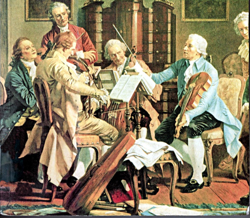 Obraz: czterech muzyków gra w kwartecie smyczkowym, wśród nich Haydn