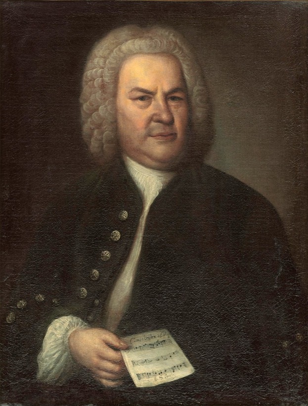 Portret Johanna Sebastiana Bacha w peruce, z kartką nut w ręku